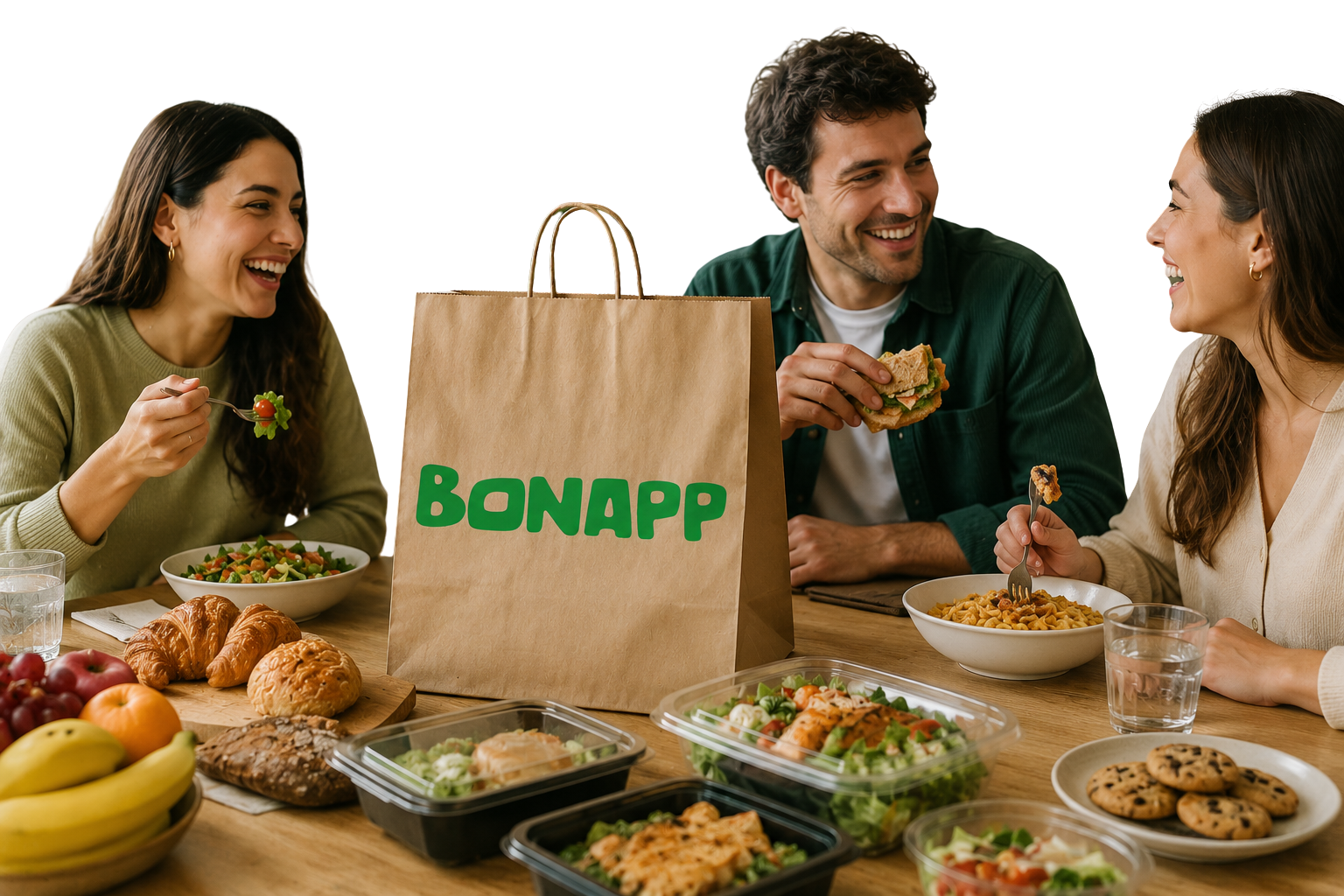 Friends sharing Bonapp food
